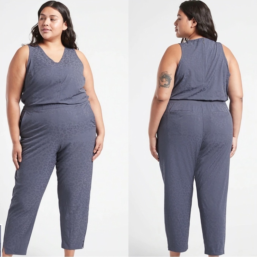 Athleta ‘Brooklyn’ Textured Jumpsuit in Steel Blue Leopard Print Plus Size 22